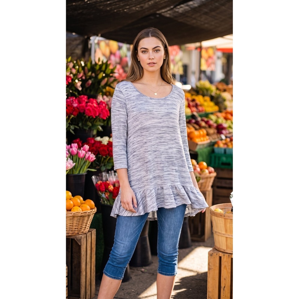 One World Tunic Sz 1X Gray Ruffle Bottom Long Sleeve Pullover